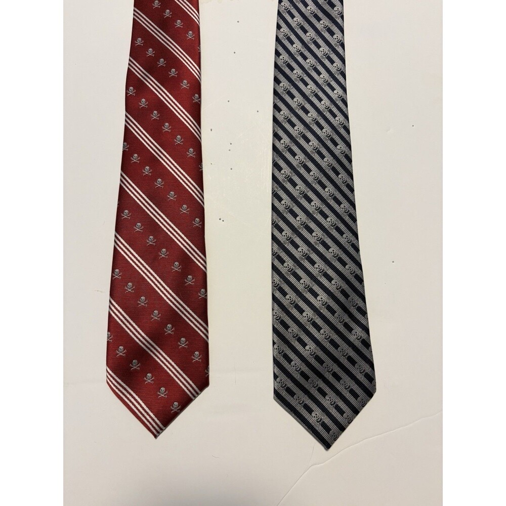 Y2K Skull Necktie Lot 2pc Red Gray Striped Novelty Goth Punk Mens Tie